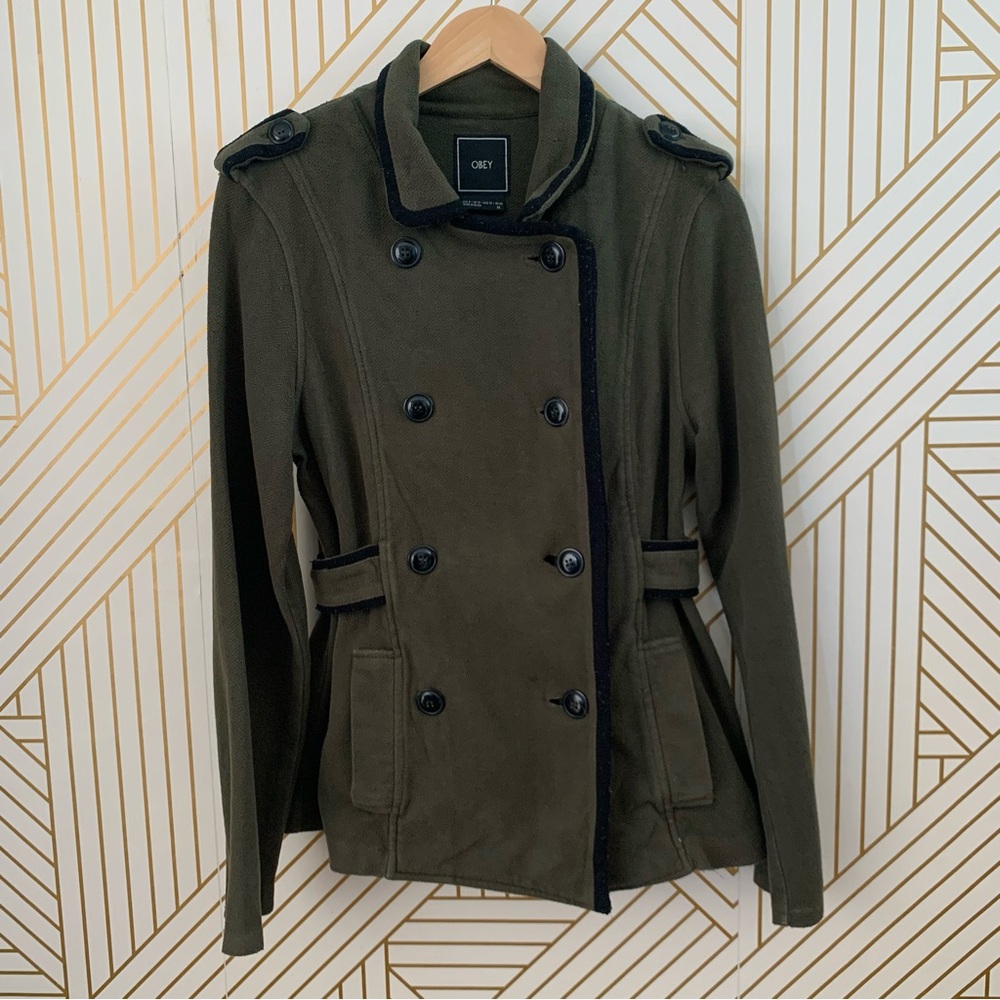 Obey cotton blend Utility military inspired double breasted green black Jacket 8 - Picture 3 of 9